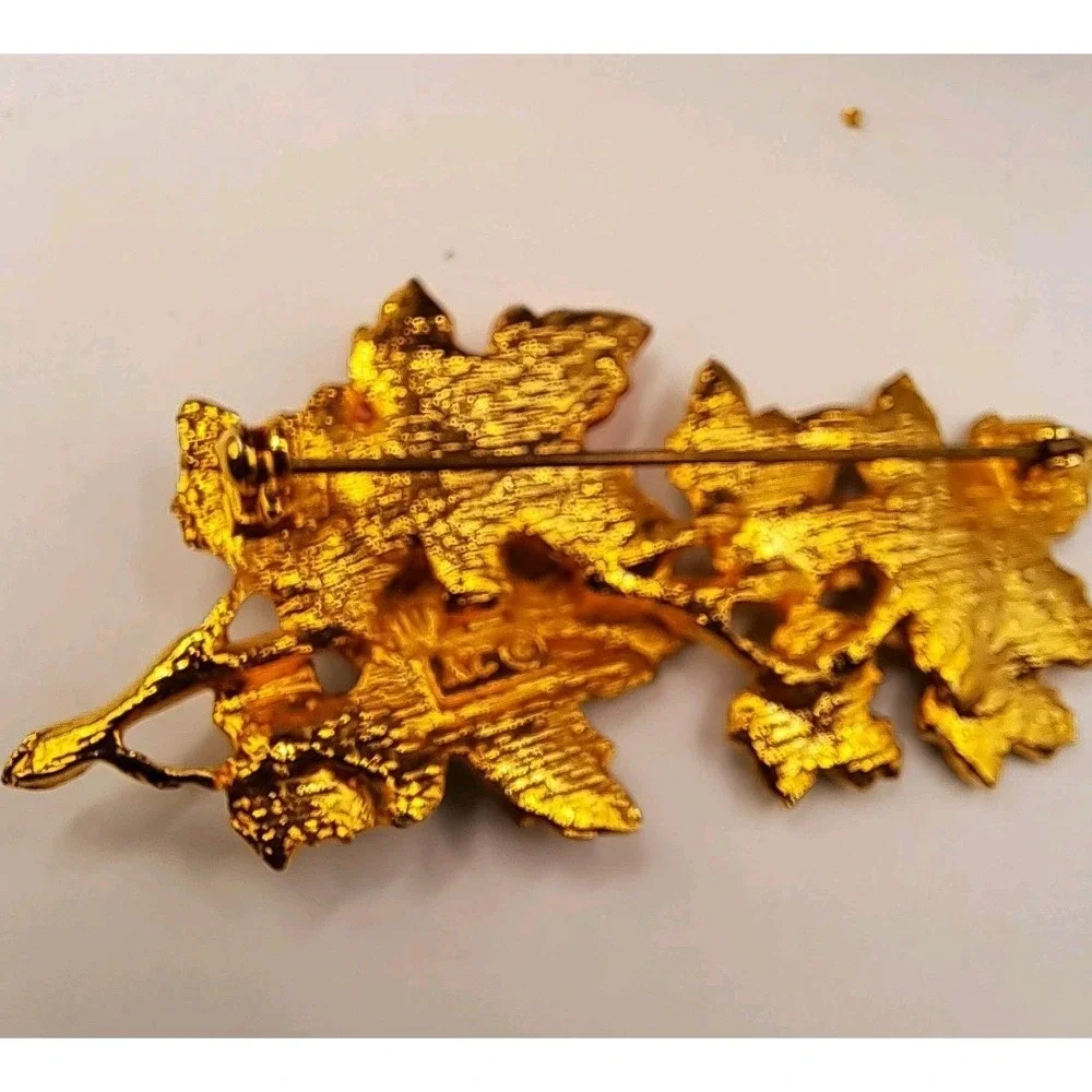 Vintage Signed KC Fall Colored Orange Green Brown Gold Tone Leaf Brooch/Pin
